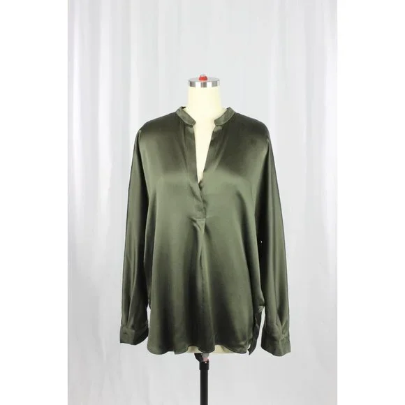 VINCE Olive Green Silk Charmeuse Split Neck Relaxed Tunic Blouse, Size S - Picture 4 of 15